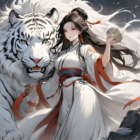 chinese legend, the white tiger of the west and 1 goddess, facing a storm