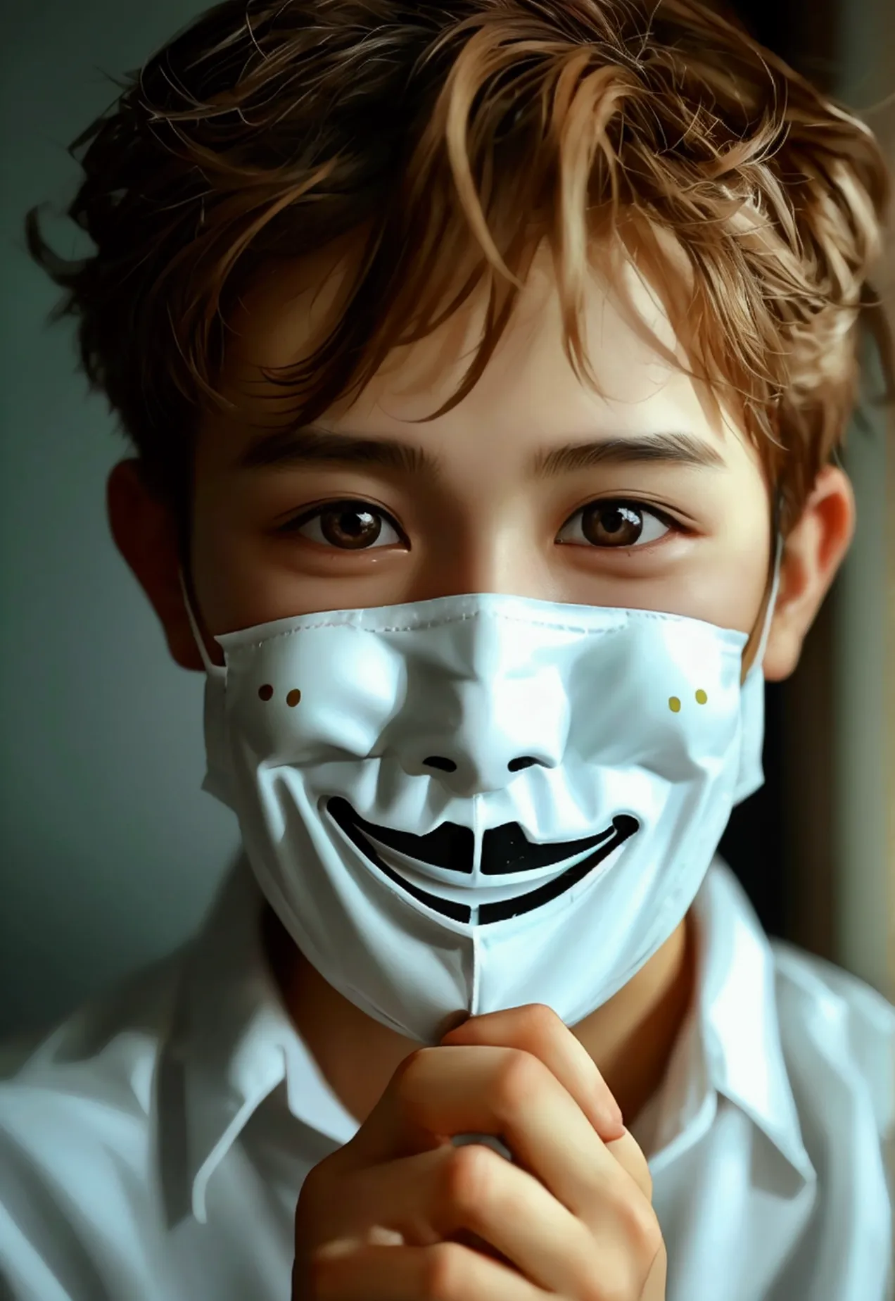 A boy，独奏，Wearing a white shirt，Dim lighting environment，Simple background，Hand holding a mask to cover the face，The mask is a smiley face。Very artistic，Realism，Ultra Detail。