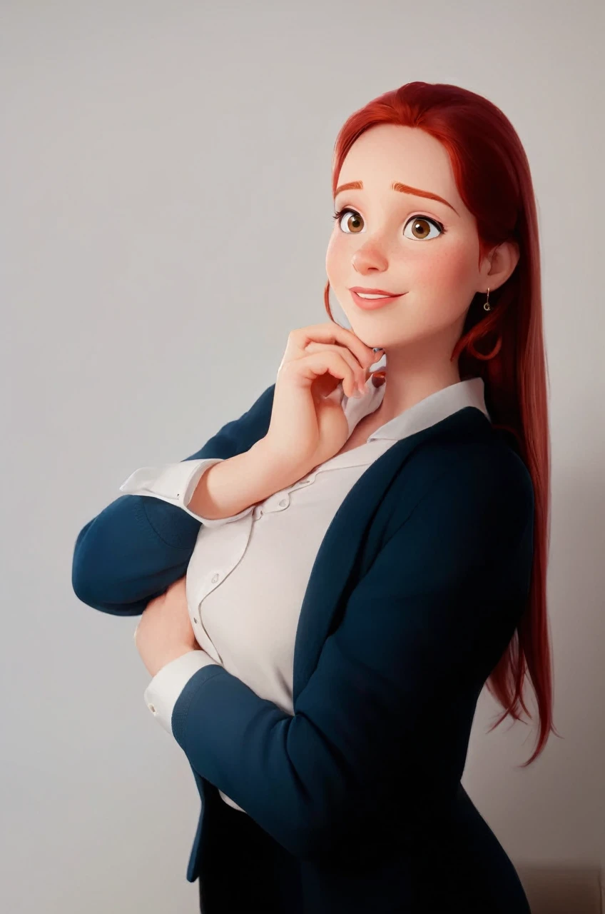 Disney Pixar style: 1.2) (adorable and cute girl: 1.15) (adult age 36: 1.15) redhead, straight hair, very thin blazer, huge breasts, cleavage, white shirt, in an office, (hands perfect: 1.1) (far extreme shot, full body, zoom out: 1.1) laptop