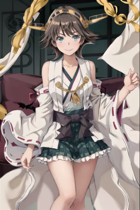 Highest quality, masterpiece, High resolution, alone, (Hiei Kai-2_Fleet Collection:1.15), オレンジ色hair, hairband, headgear, Non-traditional_Shrine maiden, smile, green_eye, Inverted up_hair, smile, One Girl, dependent_sleeve, green_skirt, Plaid, Plaid_skirt, ribbon-trimmed_sleeve, ribbon_trim, skirt, (indoor, office, living room), 