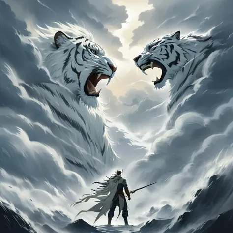 chinese legend, the white tiger of the west and 1 goddess, facing a storm