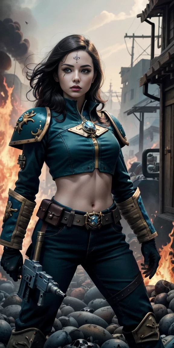 (masterpiece:1.2), (Best Quality:1.2), Perfect eyes, perfect face, perfect lighting, 1 girl, Sororitas mature whore with bolt pistol in hands, scar over one eye, eye patch, by white, skulls on the ground, Warhammer 40K, chaos, fire, Science fiction, Detailed battlefield background