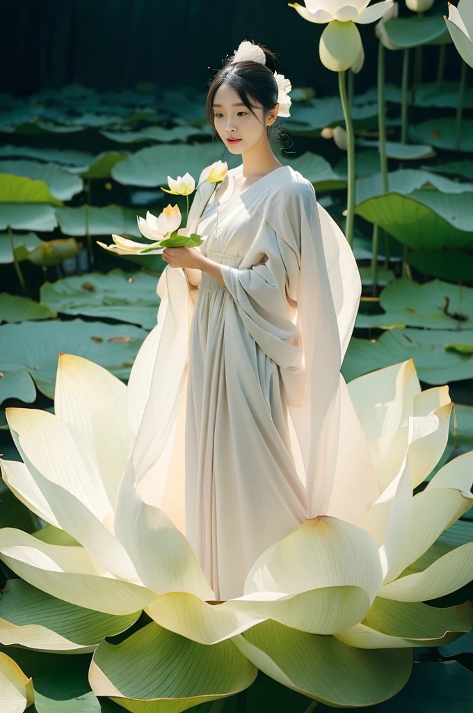 Light pink and light white shades,full body woman love,  white background, natural light, lighting effects, minimalist, elegant, pure softness, soft lighting, In reality. The woman (clavicle, bshoulder,) Posted in (Pray and stand up) super giant lotus，꽃leaf이 크고 길다. (꽃leaf이 얇아요, Soft gauze, 흐르는 꽃leaf의 전체 배경, 떠다니는 꽃leaf, 슈퍼 비행 꽃leaf, 연기와 꽃leaf의 혼합 효과), lotus dress,((aspect)).lotus_leaf_fairy，anatomically correct，((best quality)), ((masterpiece)), ((realistic)), (looking straight ahead)