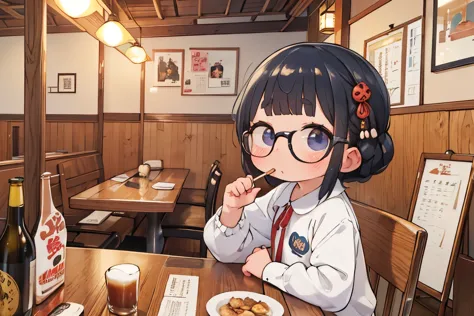 masterpiece，Highest quality，Very detailed，High resolution，Fisheye Lens，32K，2Women、office worker，Drunk，slightly Drunk、Blunt bangs，Thick eyebrows，Glasses，blush，Drunkenness、people々々々々々々Number of、Izakaya、dumpling、Make a dish，Yakitori，drink，Multiple mugs of beer，Kids Beer 、sit facing each other、Front Configuration，