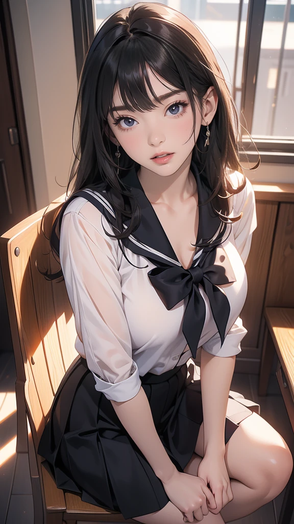 (masterpiece, best quality, ultra-detailed, high resolution, detailed eyes), {{{1mature female}}}, beautiful female, anime, (40 years old), (school girl uniform, sailor), curvy body, large breast, (makeup:1.0), big eyes, earrings, pet collar, (open mouth:1.4), (tongue out:1.4), (breath:1.3), sitting, spread legs, skirt lift, masturbation, fingering pussy, orgasm, trembling