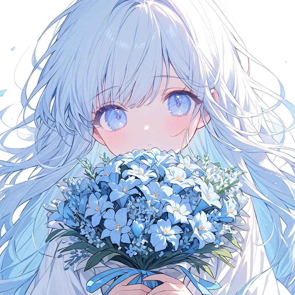 Soft lines、girl、light blue、((((hold light blue Bouquet))))、💐💐💐💐💐💐💐💐💐💐💐、Upper Body、Long Hair、White dress、White background、front、Look at me