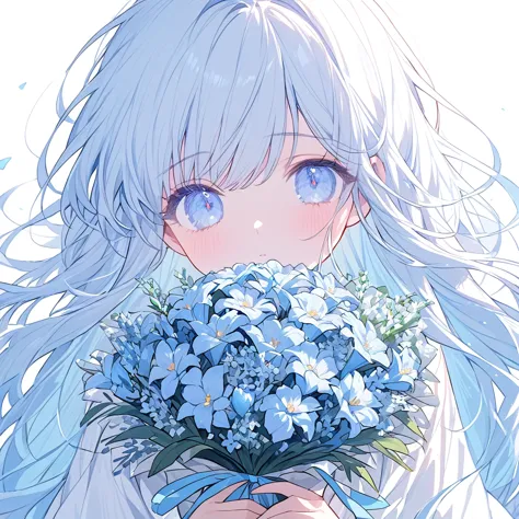 Soft lines、girl、light blue、((((hold light blue Bouquet))))、💐💐💐💐💐💐💐💐💐💐💐、Upper Body、Long Hair、White dress、White background、front、L...