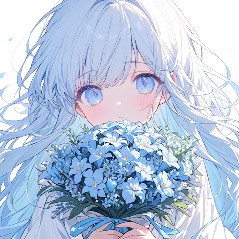 soft lines、girl、light blue、((((hold light blue bouquet))))、💐💐💐💐💐💐💐💐💐💐💐、upper body、long hair、white dress、white background、front、l...