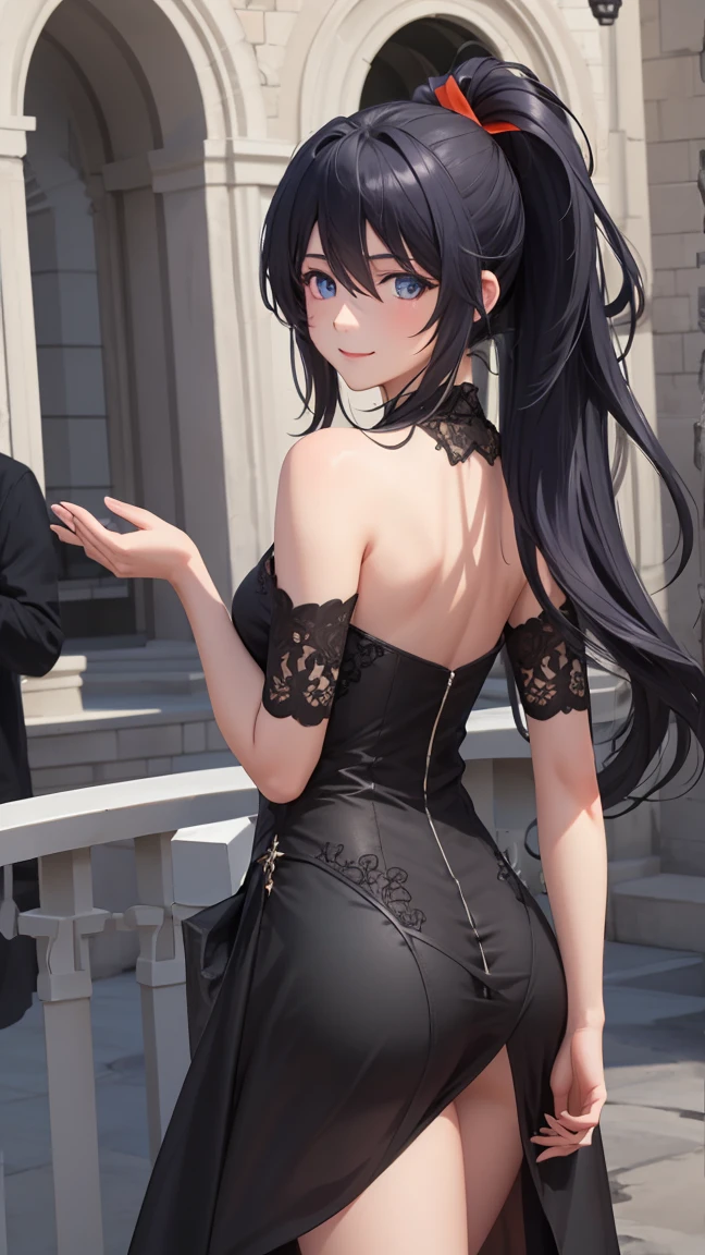 HimejimaAkeno, 1girl, closed mouth, smile, blush, black hair, long hair, purple eyes, ponytail, red ribbon,
BREAK (Black dress for a ball dance:1.2)
BREAK standing, looking at viewer, outdoors, castle,
BREAK (masterpiece:1.2), best quality, high resolution, unity 8k wallpaper, (illustration:0.8), (beautiful detailed eyes:1.6), extremely detailed face, perfect lighting, extremely detailed CG, (perfect hands, perfect anatomy),