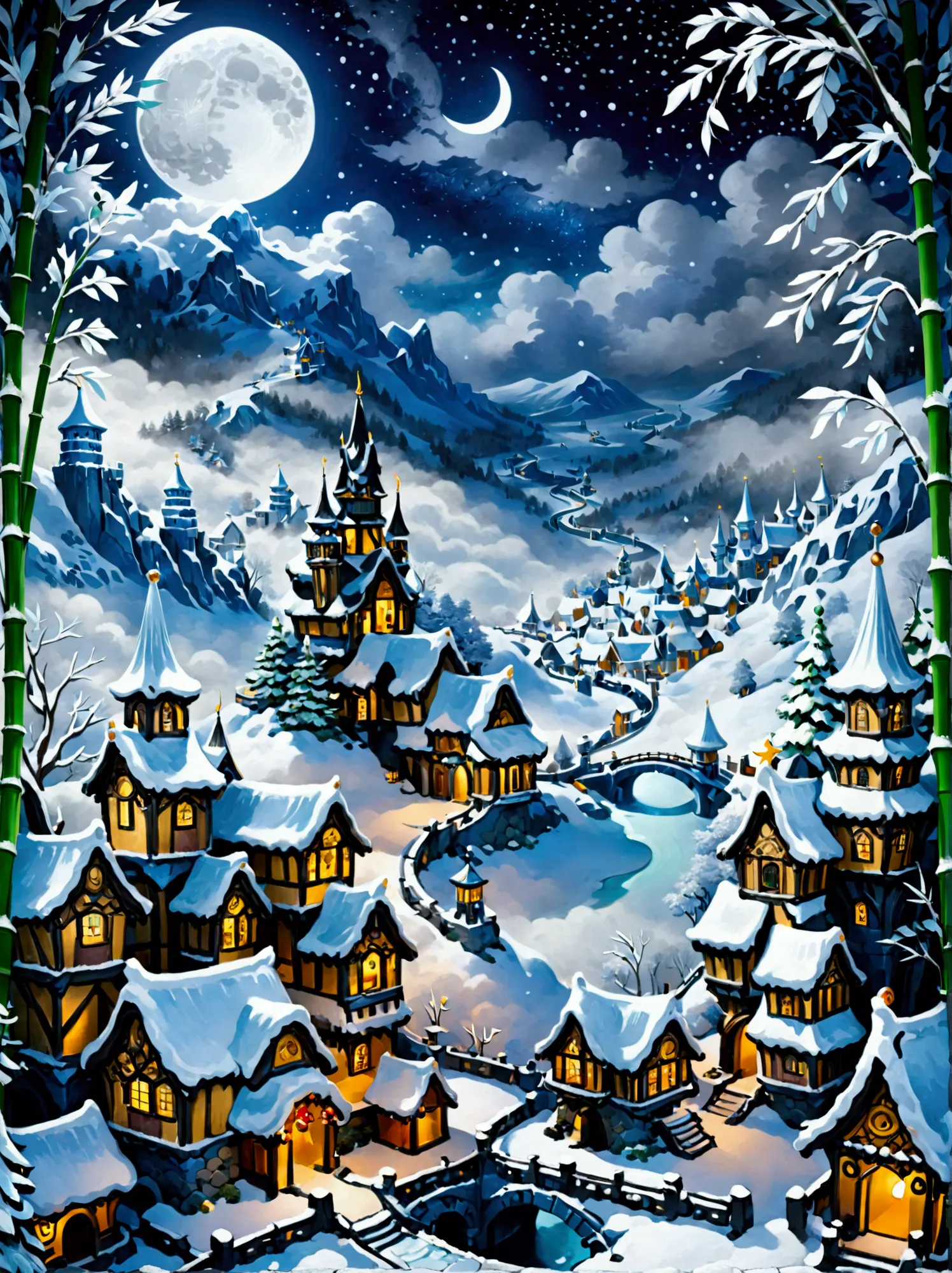 (masterpiece), (super detailed:1.3), best quality, (shiny:1.2), (a winter wonderland village in fantasy and mythology:1.4), (van...