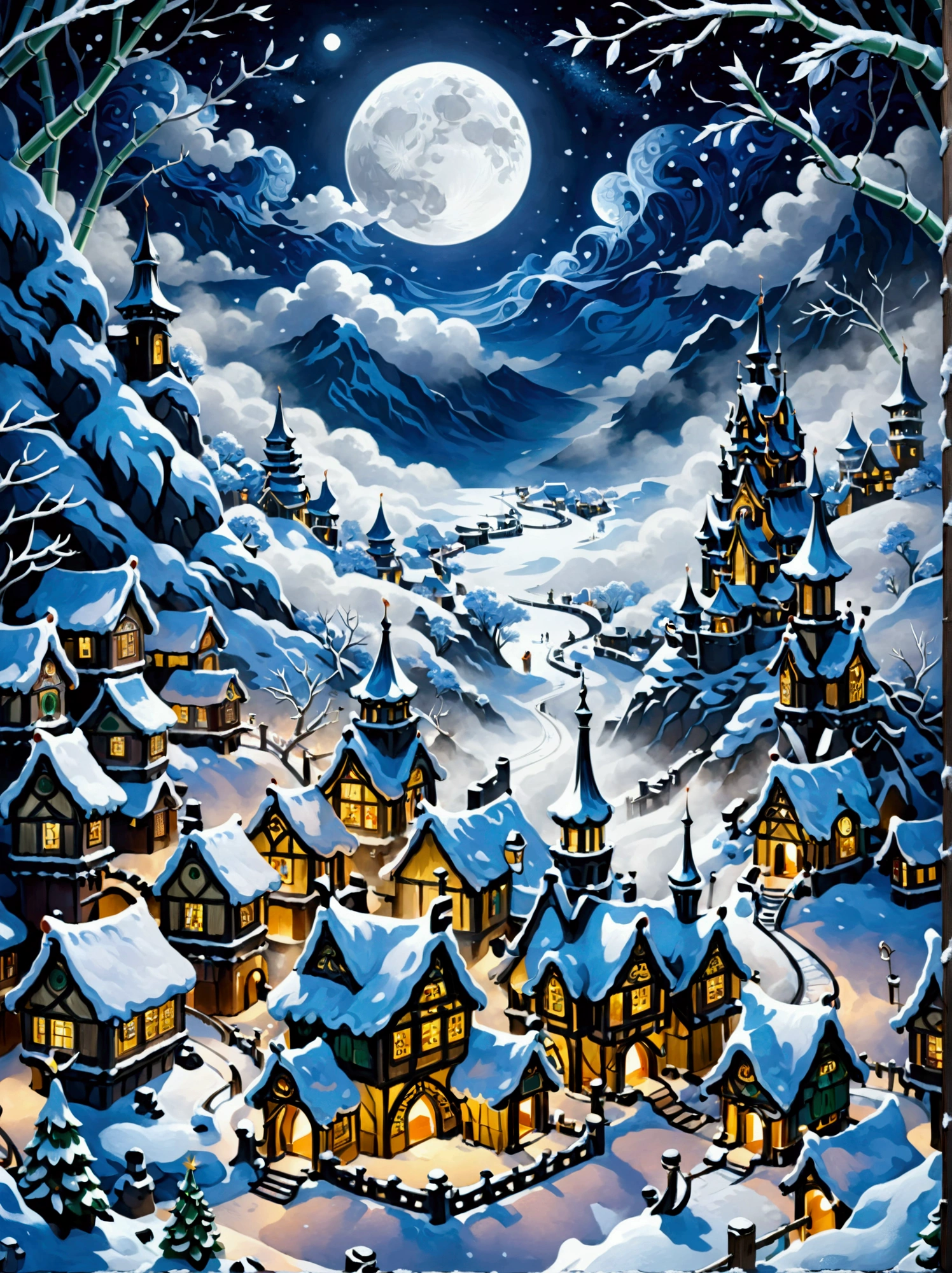 (masterpiece), (Super detailed:1.3), Best quality, (Shiny:1.2), (A winter wonderland village in fantasy and mythology:1.4), (Van Gogh style wonderland architecture：1.5), (The moon is empty), (Fresh，cold，Mountains，White mist，illusory，broad，bamboo forest，Frost Flower，diamond，breeze，Bamboo Leaves，Heaven，lake，ice，Lingzhi，ancient，pavilion，mural，Ride the clouds，sacred，peaceful，peaceful，extraordinary，beauty，peaceful，detail，energy，Pleasure，isolated，Treasure，nature，magic，creativity), Illustration style and decoration，Winter wonderland，Cute design style，night，Snowfield，Full Moon，Vivid colors，(Weird and charming fantasy), Hyperreal Portraits，(Fantasy-themed winter), (A strange wonderland), (Rich多彩，Landscape full of candy), (charming，magic的生物), (One full of energy，Palace surrounded by fog), (White Cloud Road), (Fairyland castle in the distance), (Like a mirror，不对称的masterpiece钟表配件), (Rich，Fantastical colors), (Twinkling Stars), promote，(four dimensional dream), (迷人charming氛围), (Playful composition), (生动的Light and shadow effects), 1.4 times more realistic，超High Definition，展现在这个beauty的场景中，(Very detailed，Reasonable design，Clear lines，High Definition，masterpiece，Official Art，Light and shadow effects，8k)