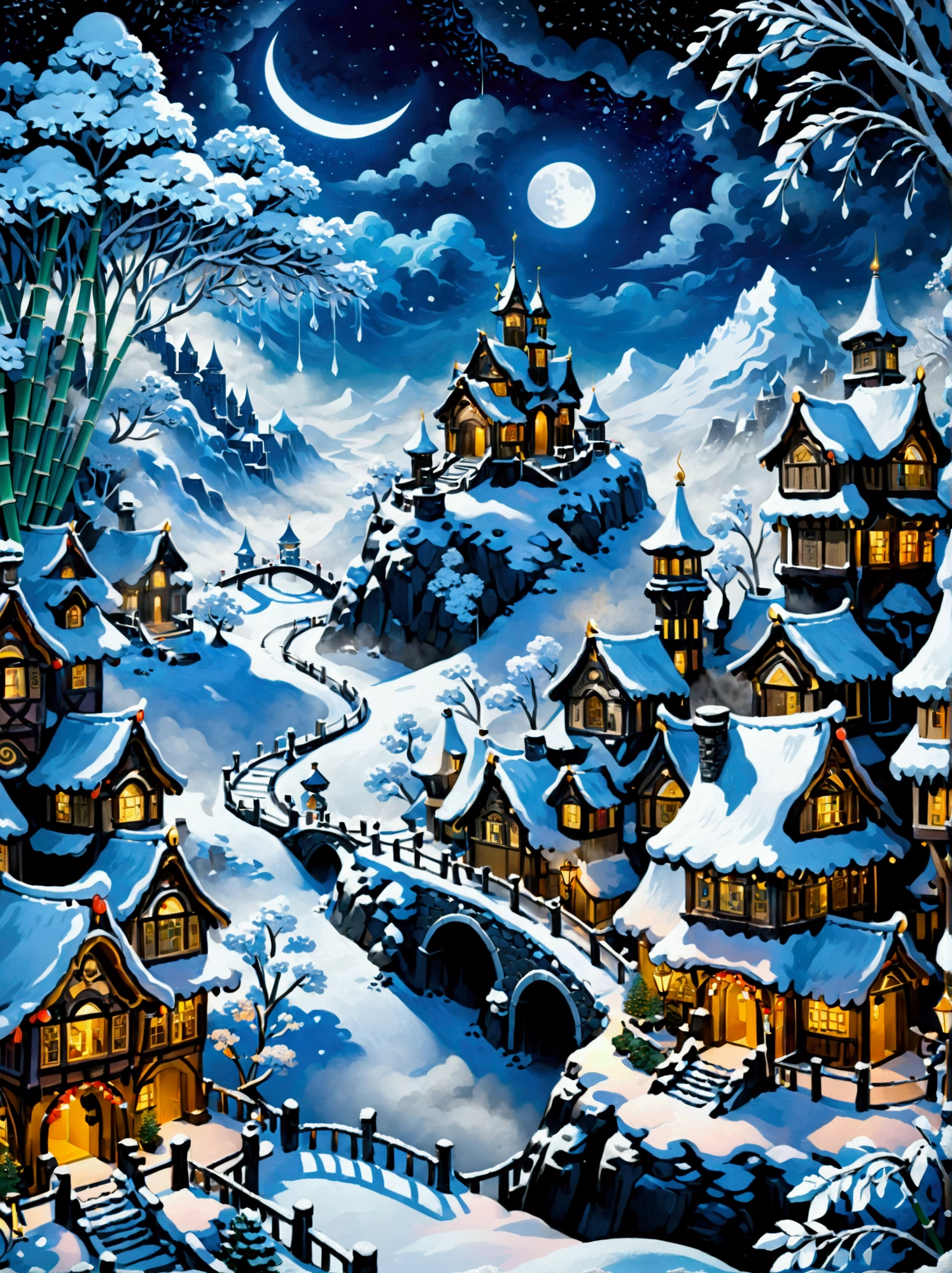 (masterpiece), (Super detailed:1.3), Best quality, (Shiny:1.2), (A winter wonderland village in fantasy and mythology:1.4), (Van Gogh style wonderland architecture：1.5), (The moon is empty), (Fresh，cold，Mountains，White mist，illusory，broad，bamboo forest，Frost Flower，diamond，breeze，Bamboo Leaves，Heaven，lake，ice，Lingzhi，ancient，pavilion，mural，Ride the clouds，sacred，peaceful，peaceful，extraordinary，beauty，peaceful，detail，energy，Pleasure，isolated，Treasure，nature，magic，creativity), Illustration style and decoration，Winter wonderland，Cute design style，night，Snowfield，Full Moon，Vivid colors，(Weird and charming fantasy), Hyperreal Portraits，(Fantasy-themed winter), (A strange wonderland), (Rich多彩，Landscape full of candy), (charming，magic的生物), (One full of energy，Palace surrounded by fog), (White Cloud Road), (Fairyland castle in the distance), (Like a mirror，不对称的masterpiece钟表配件), (Rich，Fantastical colors), (Twinkling Stars), promote，(four dimensional dream), (迷人charming氛围), (Playful composition), (生动的Light and shadow effects), 1.4 times more realistic，超High Definition，展现在这个beauty的场景中，(Very detailed，Reasonable design，Clear lines，High Definition，masterpiece，Official Art，Light and shadow effects，8k)