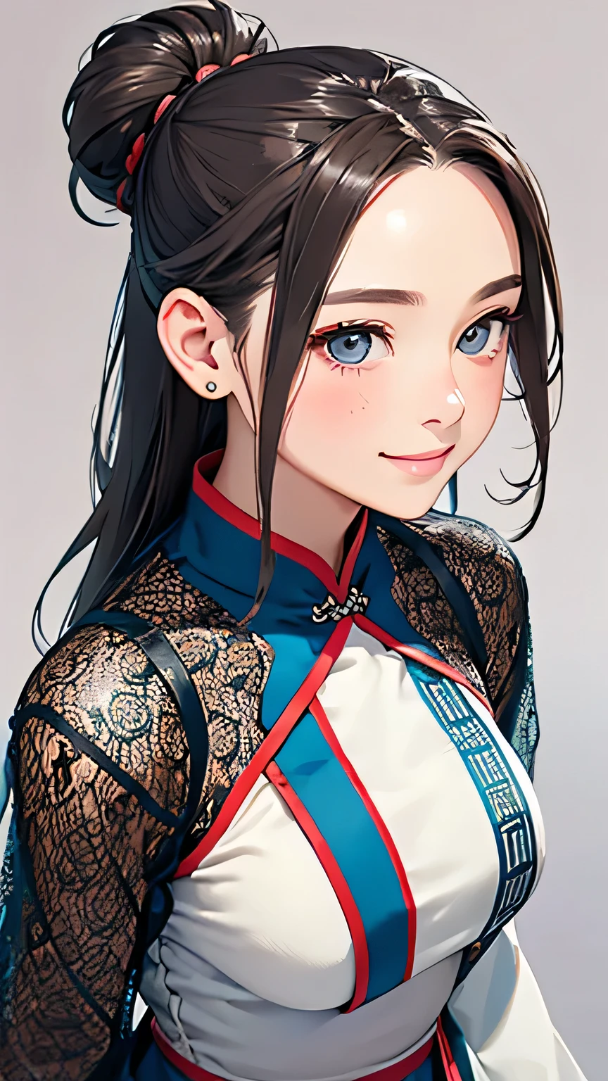 Highest quality、Realistic、girl、zoom、cute、Grey Eyes、Hair Bun、Chestnut Hair、Back to all、the forehead is protruding、White Chinese Dress、Looking down、Big smile、Bust Shot、thin、Large Breasts