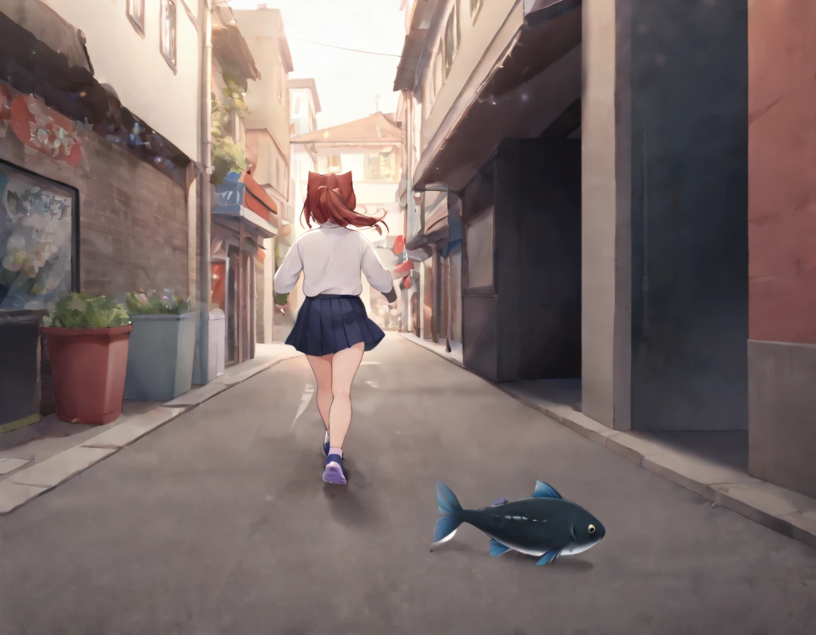 masterpiece, best quality, extremely detailed, on the street, ((a cat running away with a fish in its mouth)),