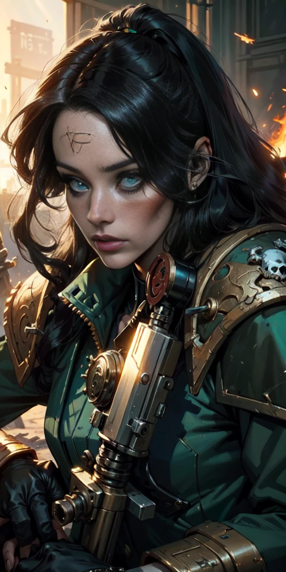 (masterpiece:1.2), (Best Quality:1.2), Perfect eyes, perfect face, perfect lighting, 1 girl, Sororitas mature whore with bolt pistol in hands, scar over one eye, eye patch, by white, skulls on the ground, Warhammer 40K, chaos, fire, Science fiction, Detailed battlefield background