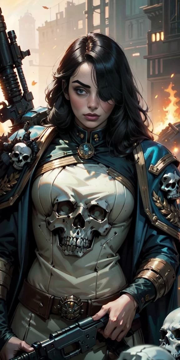 (masterpiece:1.2), (Best Quality:1.2), Perfect eyes, perfect face, perfect lighting, 1 girl, Sororitas mature whore with bolt pistol in hands, scar over one eye, eye patch, by white, skulls on the ground, Warhammer 40K, chaos, fire, Science fiction, Detailed battlefield background