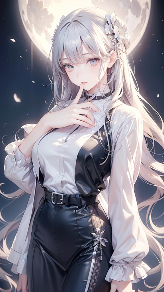 masterpiece best night full moon 1 woman mature woman older sister kind younger sister cold face expressionless silvery white long hair woman light pink lips calm intelligent three belts gray eyes assassin short knife, Flowers, Hand Detail, Finger details,