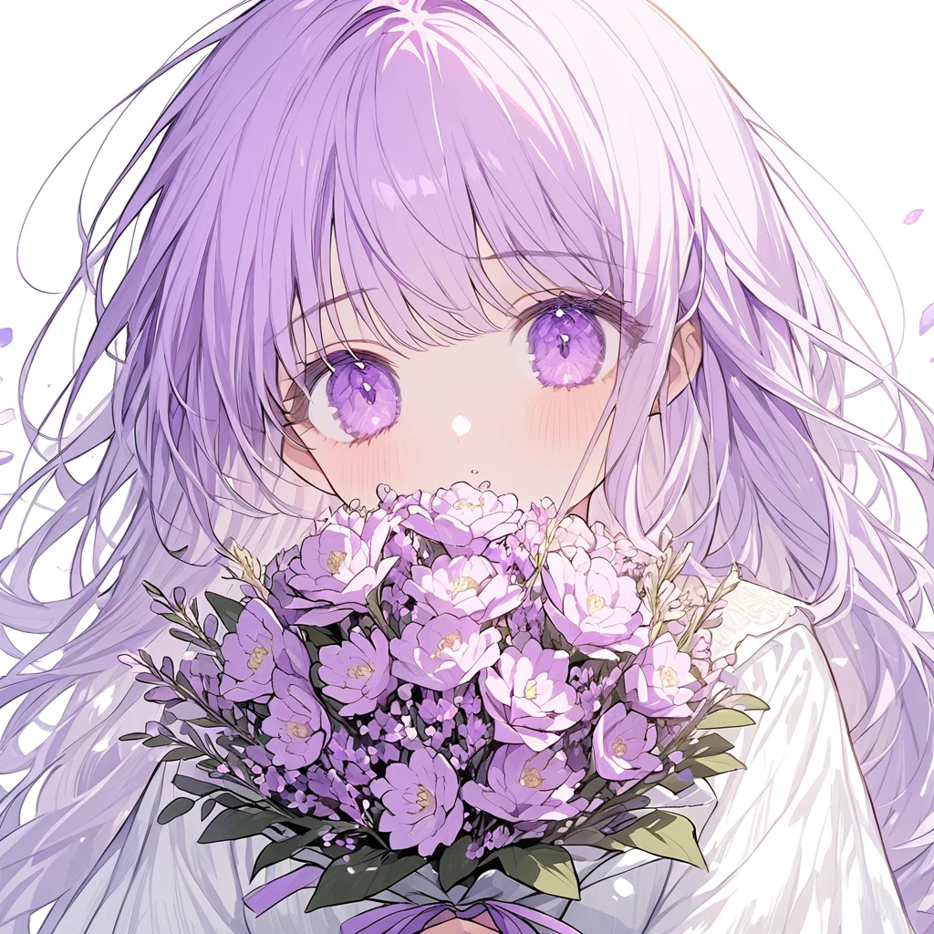 Soft lines、girl、light purple、((((hold light purple Bouquet))))、💐💐💐💐💐💐💐💐💐💐💐、Upper Body、Long Hair、White dress、White background、front、Look at me