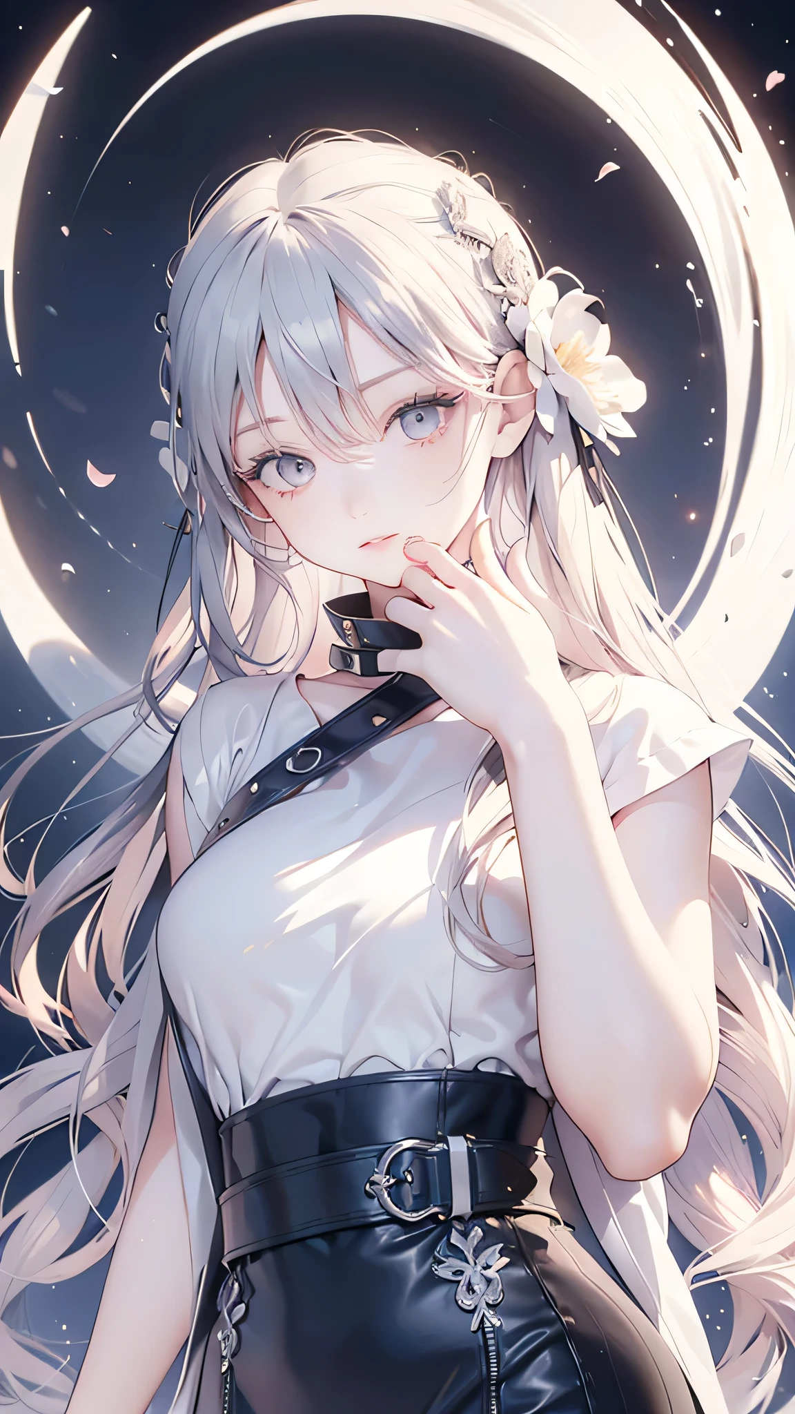 masterpiece best night full moon 1 woman mature woman older sister kind younger sister cold face expressionless silvery white long hair woman light pink lips calm intelligent three belts gray eyes assassin short knife, Flowers, Hand Detail, Finger details,