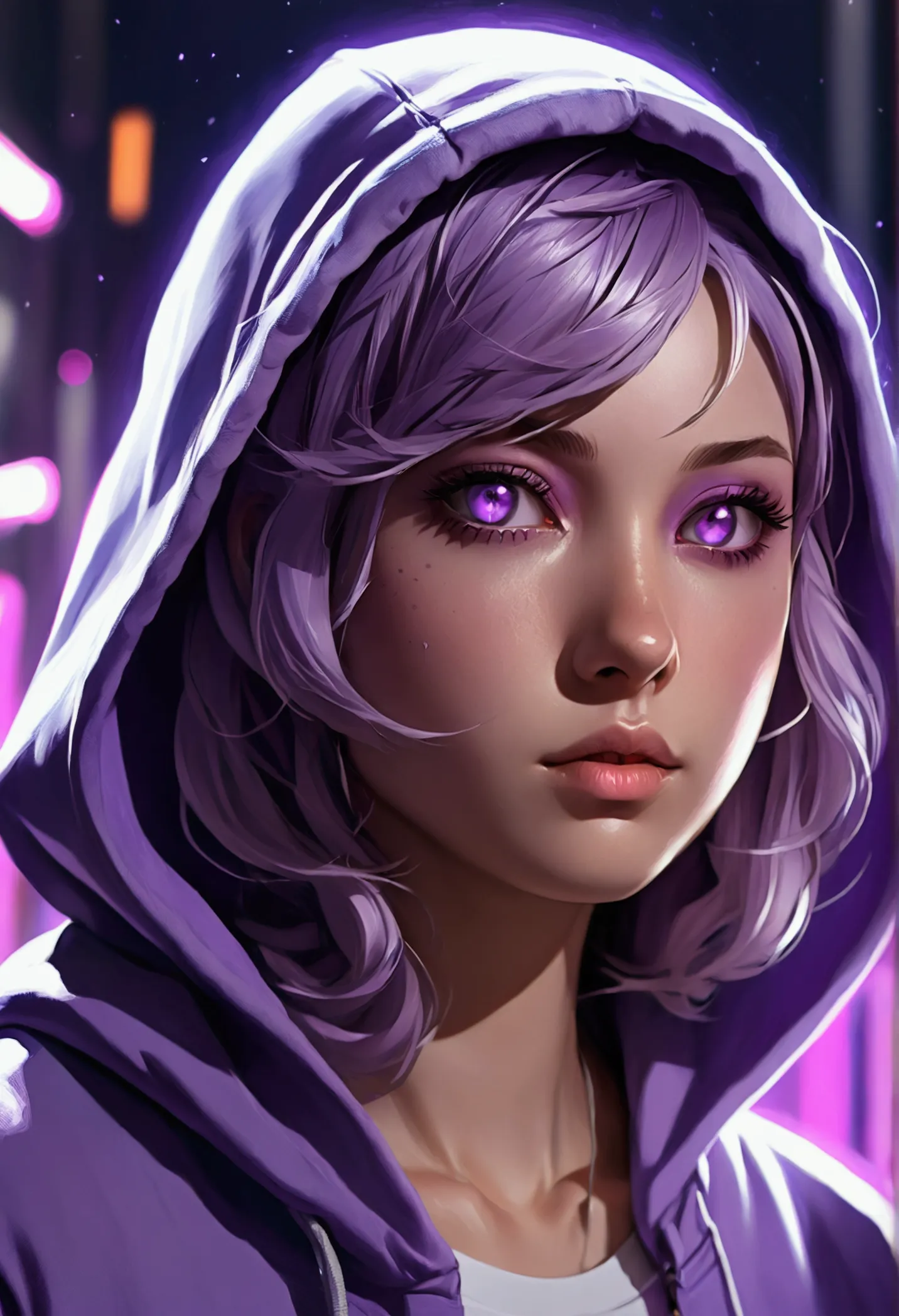 a close up of a woman with hoodies with a purple light in their hair, anime art wallpaper 4 k, anime art wallpaper 4k, anime art...