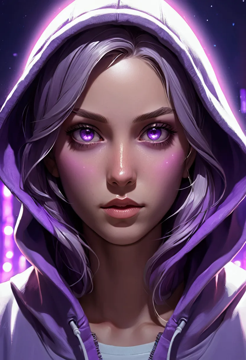 a close up of a woman with hoodies with a purple light in their hair, anime art wallpaper 4 k, anime art wallpaper 4k, anime art...