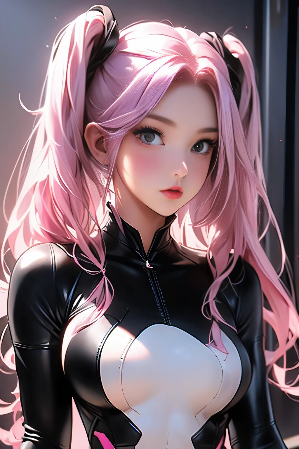 ((Upper body photo))、Cute face、Pink Hair、Long Hair、Twin tails、White skin、((Shooting from the front:1.5 ))、((Tight black leather suit:1.5)), ((Big Breasts)), Pointed nipples, masterpiece
