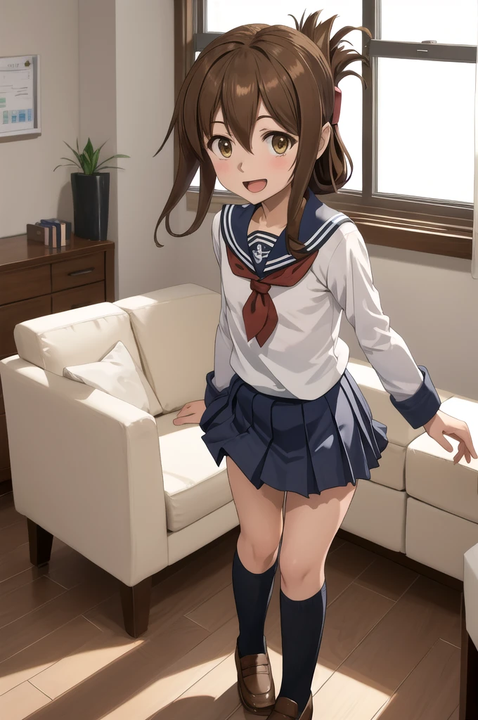 Highest quality, masterpiece, High resolution, alone, {inazuma_Kantai Collection}, brown_hair, Folded_ponytail, brown_eye, length_hair, Open_mouth, smile, School_uniform,skirt,Pleats_skirt,((Flat Chest, Small breasts)), (White panties), (In underwear), (lingerie), (indoor, office, living room), skirtリフト,((nsfw)), 