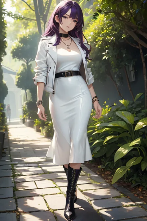 ((masterpiece, best quality, ultra-detailed)), beautiful woman walking through a garden, white leather jacket, necklace, bracele...