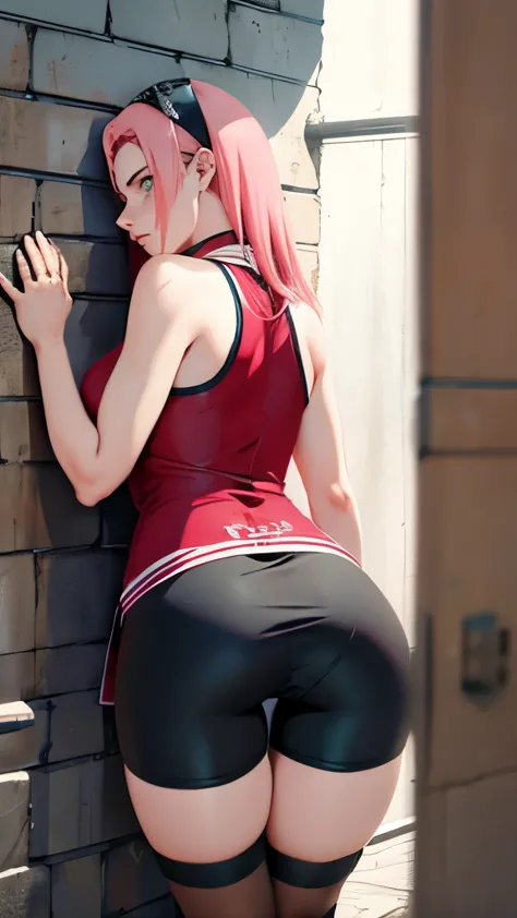 chedevr， Best quality at best， 1 girl， Sakura Haruno， big ，red clothes，Grew, to be sexy，Very angry，with pink hair， long pink hair， （green eyes:1.4)， Forehead Protection，ideal figure,Behind,Портрет в полный рост Behind,in the cell,standing on his feet, сильно bent over вперед, face pressed against the wall ,legs straight, leans his hands on the wall, the back is arched back, tight black glossy bicycle shorts, lower body close up , butt raised up, bent over 