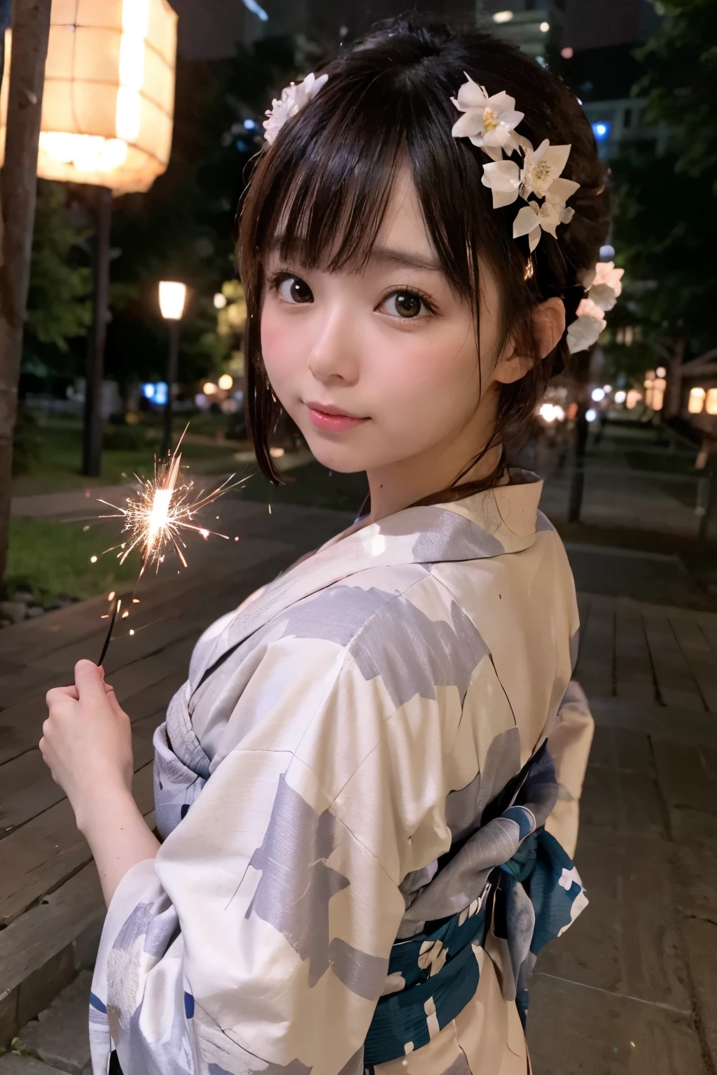 8K, RAW Photo, Best Quality, Masterpiece, Realistic, PhotoRealistic, Extremely Detailed 8K Wallpaper, Beautifully Detailed Eyes, Finely Detailed Face, 
 BREAK 
Professional Lighting, 
 BREAK 
(A Girl is Playing Japanese Sparkler with Extending Own Hand to the Viewer:1.6), Point Fireworks at Viewer:1.0, 
(Light Evening), 
(in marunouchiekimaehiroba:1.6, pavement), 
 BREAK 
Perfectly Anatomically Correct:1.4, 5 Beautiful finger:1.4, 
[POV Shot], 
 BREAK 
1 Girl, Very Short Hair Bun:1.2, Japanese, Kawaii, Wide-Set Eyes, Tareme, Very White Skinned, Blush, Embarrassed, 17-Year-Old, 
Brown Hair, Wet Hair, [Messy Hair], Light Smiling, [Pouted Cheek], Open Mouse Slightly, [Chin Up], 
(Japanese Yukata:1.4), 
Looking Back Viewer Down, 
 BREAK 
[SFW:1.0, Non-Nipple:1.0], 
 BREAK 
Low Angle Shot, Focus on Face:1.1, Eye Focus:1.2, Bokeh:1.2, (from Back:1.0, from Side:1.0, from Below:1.0), [Dynamic Angle], 
[Feet Out of Frame]