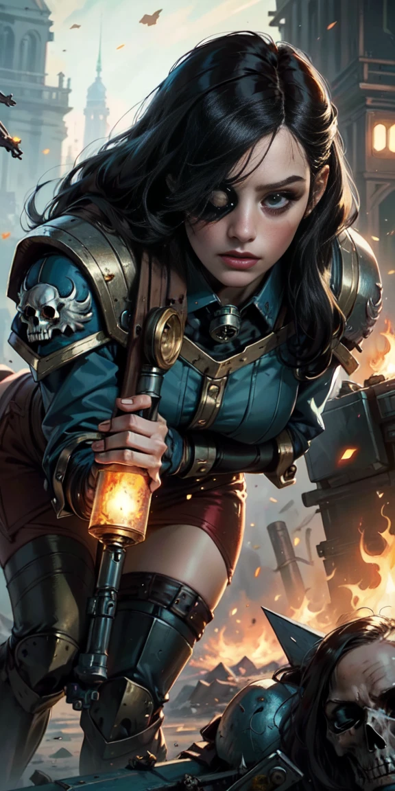 (masterpiece:1.2), (Best Quality:1.2), Perfect eyes, perfect face, perfect lighting, 1 girl, Sororitas mature whore with bolt pistol in hands, scar over one eye, eye patch, by white, skulls on the ground, Warhammer 40K, chaos, fire, Science fiction, Detailed battlefield background