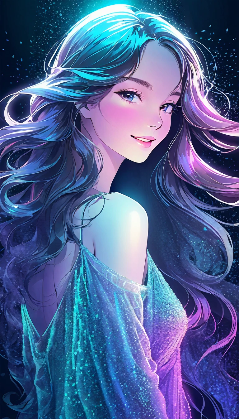 line art, iridescent neon light effect, beautiful woman, two side up messy wavy fluffy long hair, make-up, wearing loose dress made of thin knit fabric, seductive smile, amorous and lewd expression, great Proportions, glitter effects, foggy filter effects, 2.5D, delicate and dynamic, BREAK background white, soft and gentle image effects