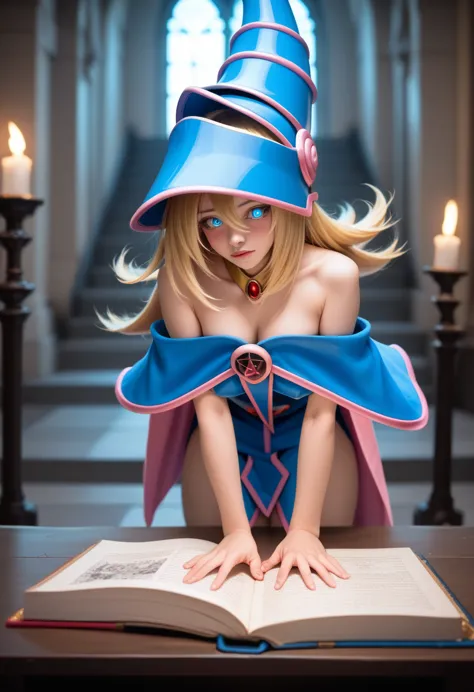 dark magician girl, masterpiece, best quality, (1 girl), solitary, long hair, blonde hair, blue headdress, wizard hat, spellcast...