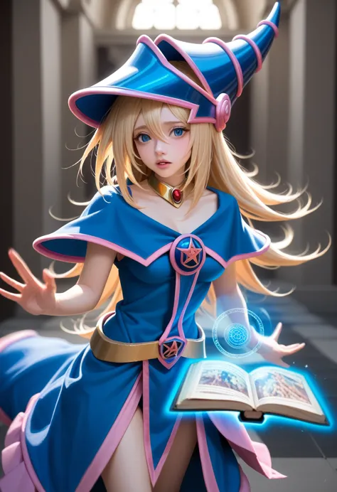 dark magician girl, masterpiece, best quality, (1 girl), solitary, long hair, blonde hair, blue headdress, wizard hat, spellcast...