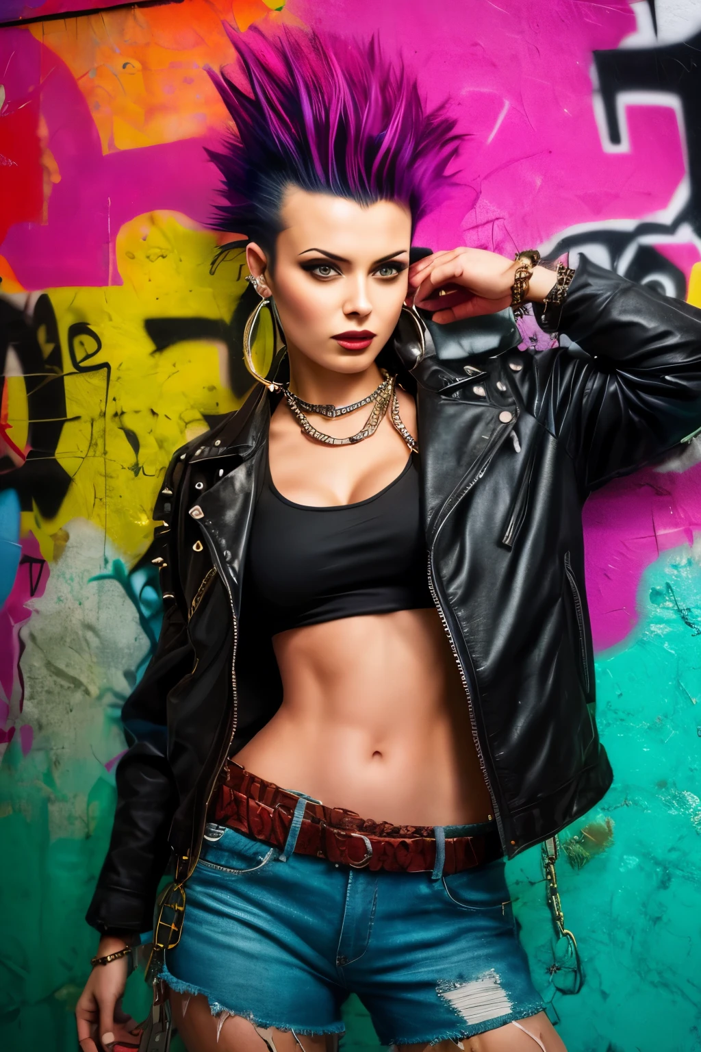 (Artwork, best quality:1.2), 1 girl ,intrincately detailed, "Punk Girl", in dynamic pose, ((spiky mohawk hair, punk hair, wearing a black jacket, chains, Rocket style, tatuados , hot body, abdomen)) . Shallow depth of field, vignette, highy detailed, high budget, bokeh, cinemascope, temperamental, epic, marvelous, film grain, grainy. ((Abandoned Graffiti Wall Background)).