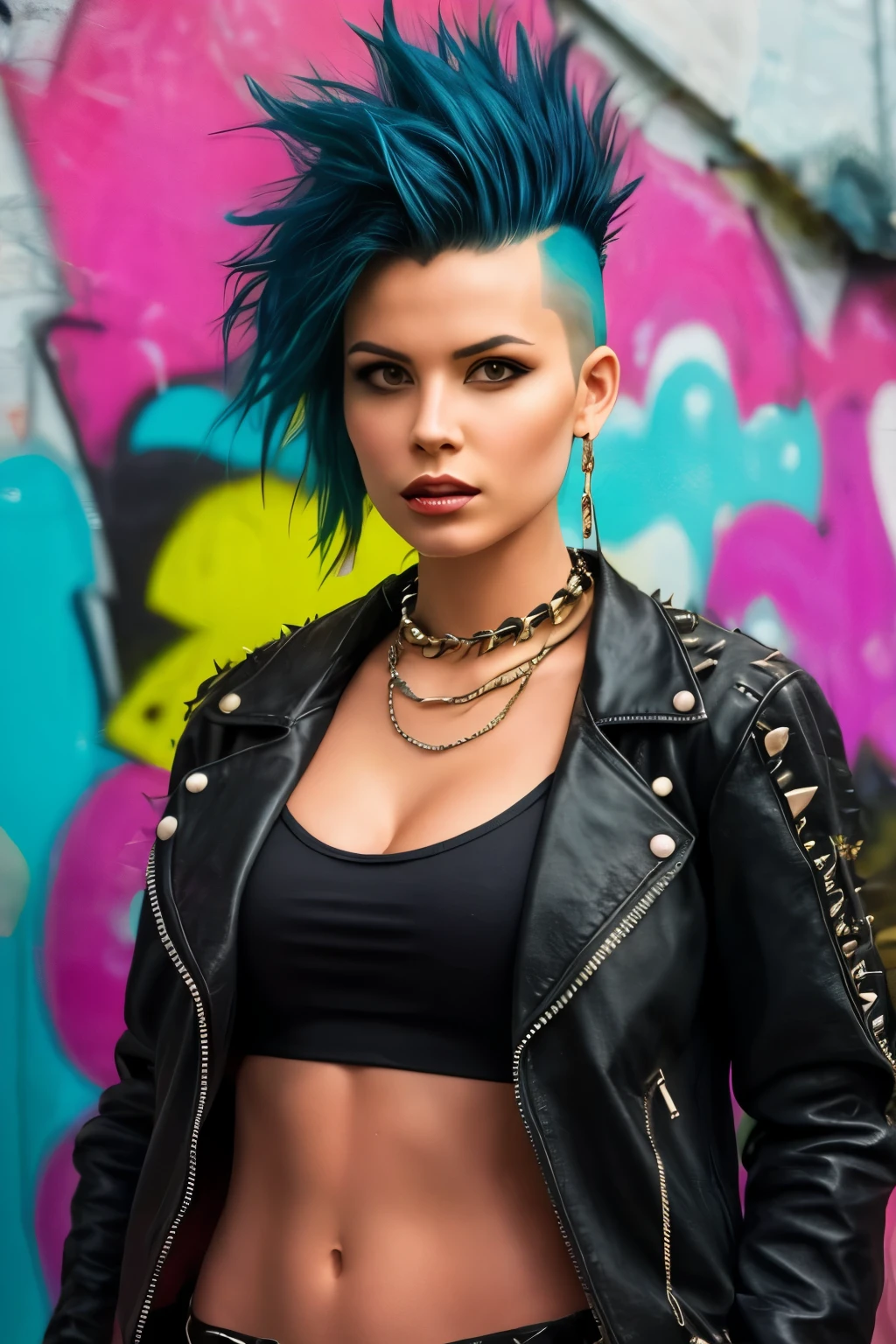 (Artwork, best quality:1.2), 1 girl ,intrincately detailed, "Punk Girl", in dynamic pose, ((spiky mohawk hair, punk hair, wearing a black jacket, chains, Rocket style, tatuados , hot body, abdomen)) . Shallow depth of field, vignette, highy detailed, high budget, bokeh, cinemascope, temperamental, epic, marvelous, film grain, grainy. ((Abandoned Graffiti Wall Background)).