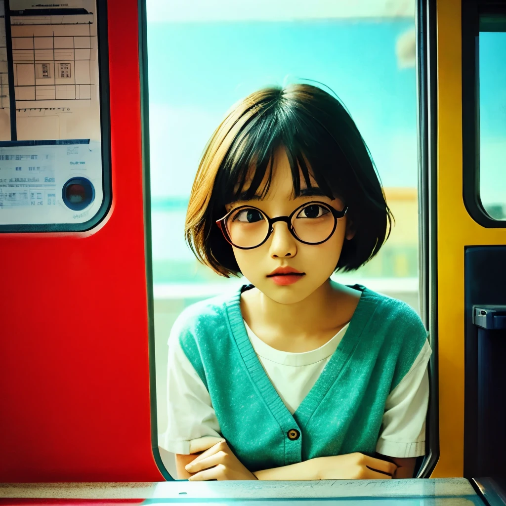  、fille de l&#39;école primaire、Lunettes à monture rouge、s&#39;asseoir sur un siège de train、de face、