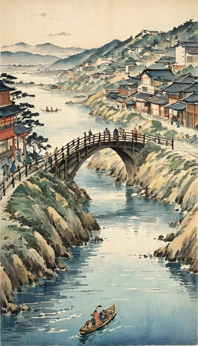 Katsushika Hokusai、vague、Mont、river、Calm waves、bridge、wood々、People passing by々、Modern Town、the way、Skyscrapers visible in the distance、Ink and watercolor、Light tones、Calligraphy、Ink Painting