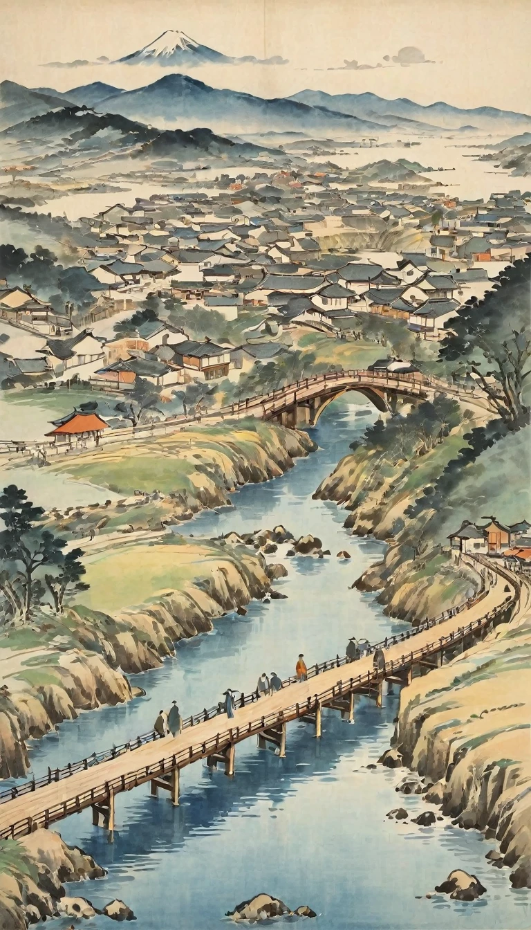 Katsushika Hokusai、vague、Mont、river、Calm waves、bridge、wood々、People passing by々、Modern Town、the way、Skyscrapers visible in the distance、Ink and watercolor、Light tones、Calligraphy、Ink Painting