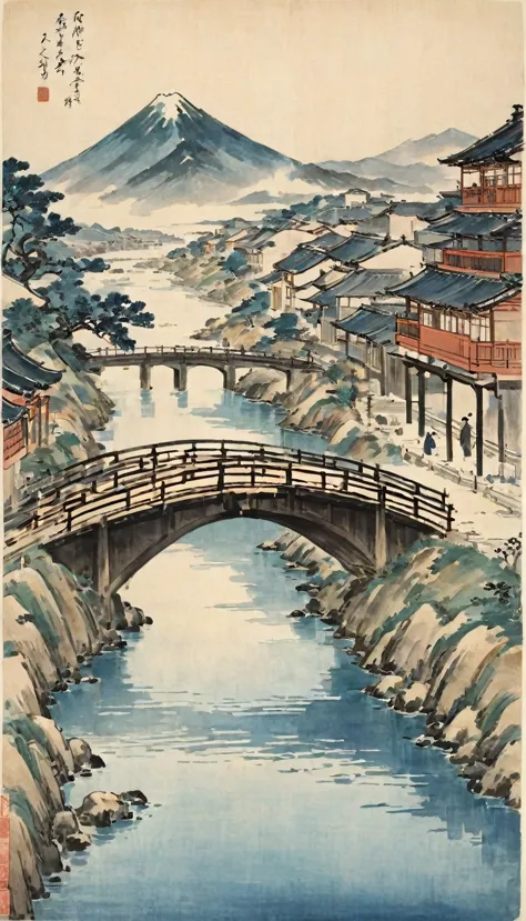 katsushika hokusai、vague、mont、river、calm waves、bridge、wood々、people passing by々、modern town、the way、skyscrapers visible in the di...