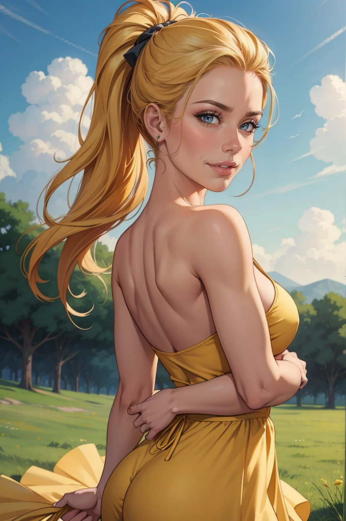 photorealistic,realistic, solo, photorealistic, best quality, ultra high res, 1girl,, , blonde hair in a ponytail, wearing a yellow sundress, breeze blowing through the grass,, , 1girl,, beautiful, masterpiece, best quality, extremely detailed face, perfect lighting, 1girl, solo,, , best quality, ultra high res, photorealistic,, ultra detailed,, masterpiece, best quality, , nancy1, large breasts, cleavage,, breast curtains, ,