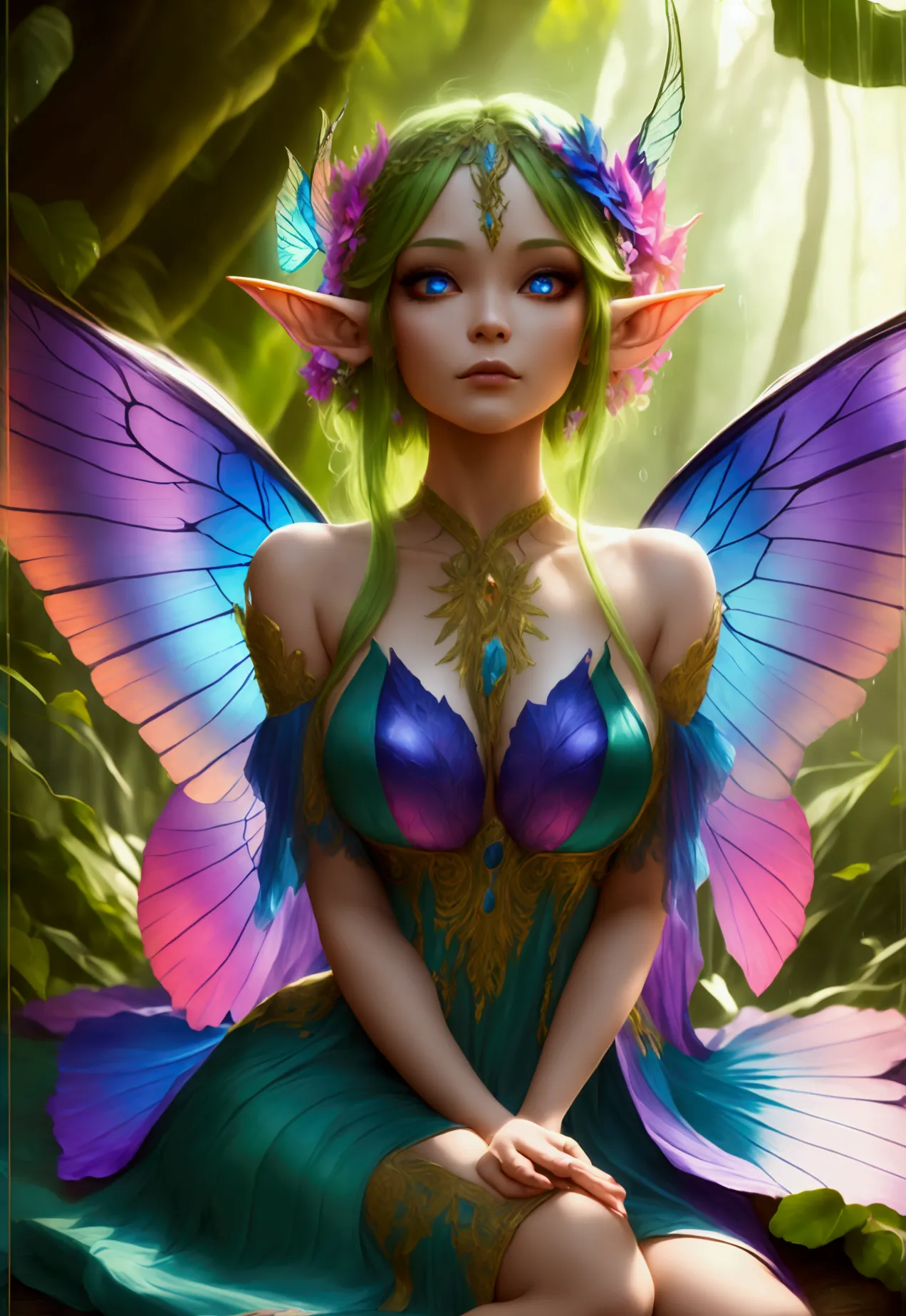 a picture of a jungle fairy, an extraordinary beautiful, elegant beauty, divine beautiful fairy, ((anatomically correct: 1.5)) s...