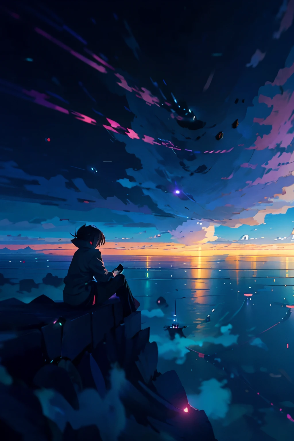 Anime girl sitting on a pier looking at the night city, Makoto Shinkai Cyril Roland, anime art wallpaper 4k, anime art wallpaper 4k, Anime Art Wallpapers 8K, Space Sky. por Makoto Shinkai, 4k anime wallpaper, 4k anime wallpaper, anime wallpaper 4k, The girl stares into space, 4K Anime Style