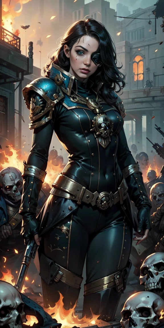 (masterpiece:1.2), (Best Quality:1.2), Perfect eyes, perfect face, perfect lighting, 1 girl, Sororitas mature whore with bolt pistol in hands, scar over one eye, eye patch, by white, skulls on the ground, Warhammer 40K, chaos, fire, Science fiction, Detailed battlefield background