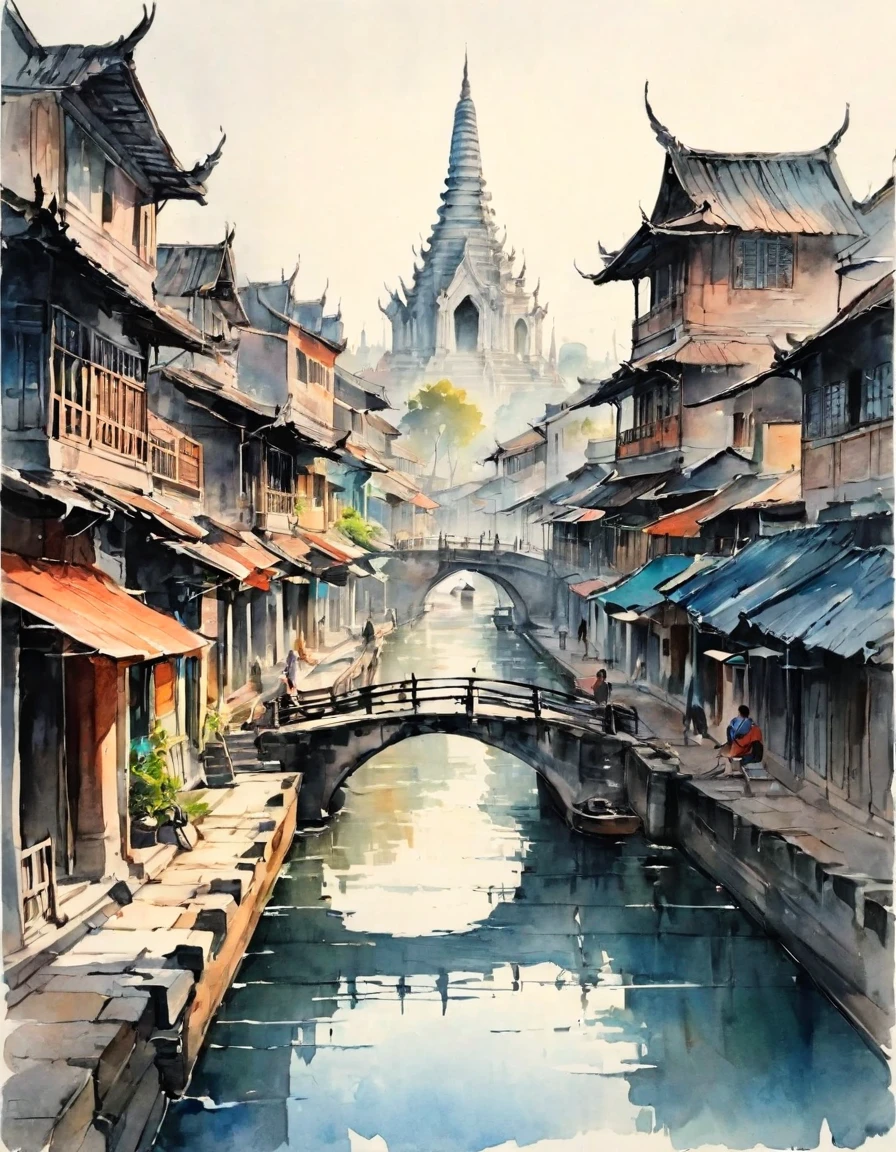 Ayuthaya、vague、Mont、river、Calm waves、bridge、wood、People passing by、Modern Town、the way、Skyscrapers visible in the distance、Ink and watercolor、Light tones、Calligraphy、Ink Painting