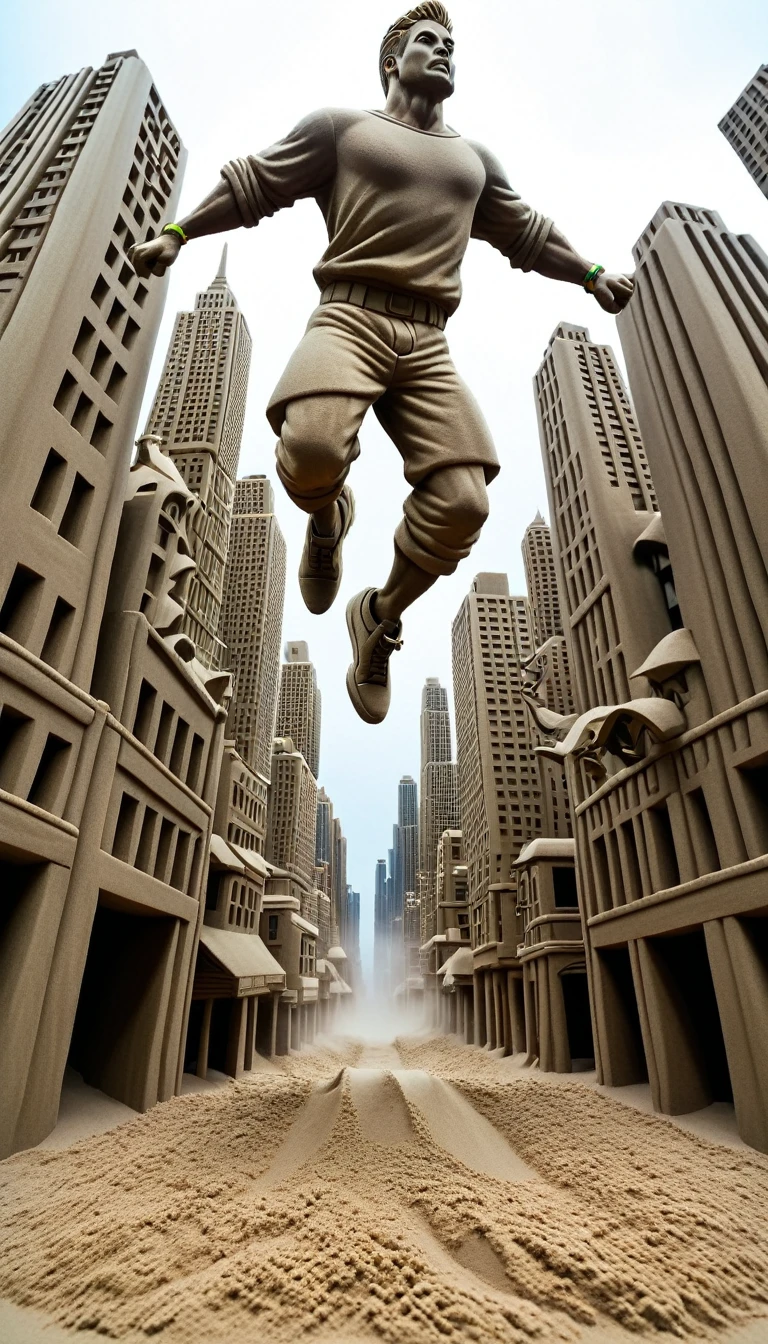 Sand sculpture style,  The hero jumps between cities，color，High-rise buildings，A strong sense of déjà vu