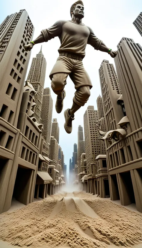 sand sculpture style,  the hero jumps between cities，color，high-rise buildings，a strong sense of déjà vu