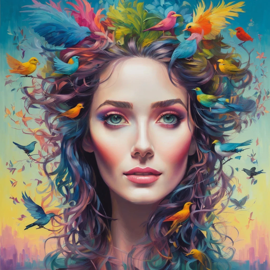 painting of a woman with a bird head and colorful hair, inspired by Sam Spratt, beautiful art uhd 4 k, beeple and jeremiah ketner, artgerm julie bell beeple, art of alessandro pautasso, there are birds on her head, by Sam Spratt, centered painted portrait, jana brike art, detailed painting 4 k