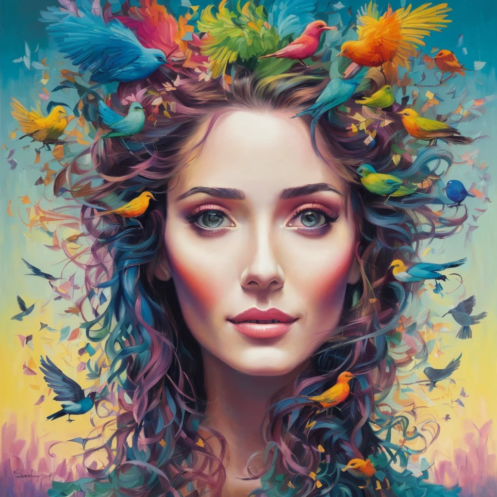 painting of a woman with a bird head and colorful hair, inspired by Sam Spratt, beautiful art uhd 4 k, beeple and jeremiah ketner, artgerm julie bell beeple, art of alessandro pautasso, there are birds on her head, by Sam Spratt, centered painted portrait, jana brike art, detailed painting 4 k