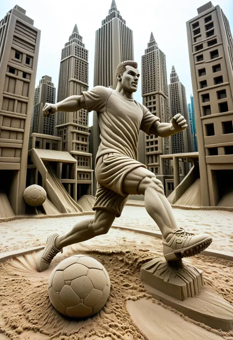 sand sculpture style,  hero kicking a soccer ball on the football field，color，high-rise buildings，a strong sense of déjà vu